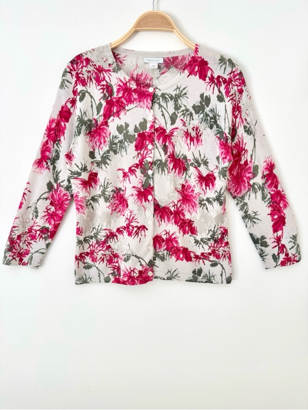Garnet Hill Signature Merino Floral Cardigan in Pink & Green Floral Print Size M